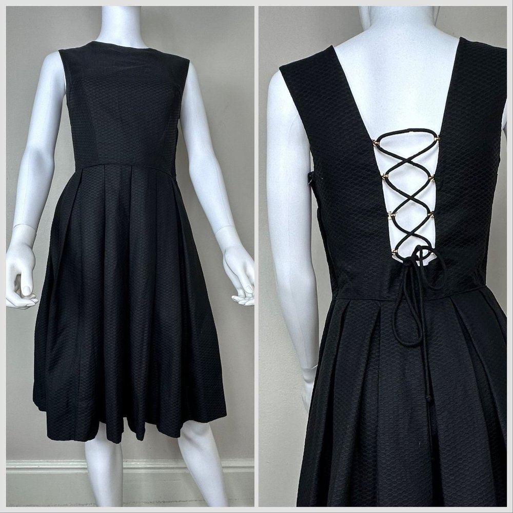 Vintage 1960s Black Dress with Open Lace-Up Back, Gay Gibson Size XS